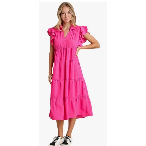 Umgee Dresses & Skirts - Umgee Hot Pink Tiered Short Ruffle Sleeve Midi Dress Size Small